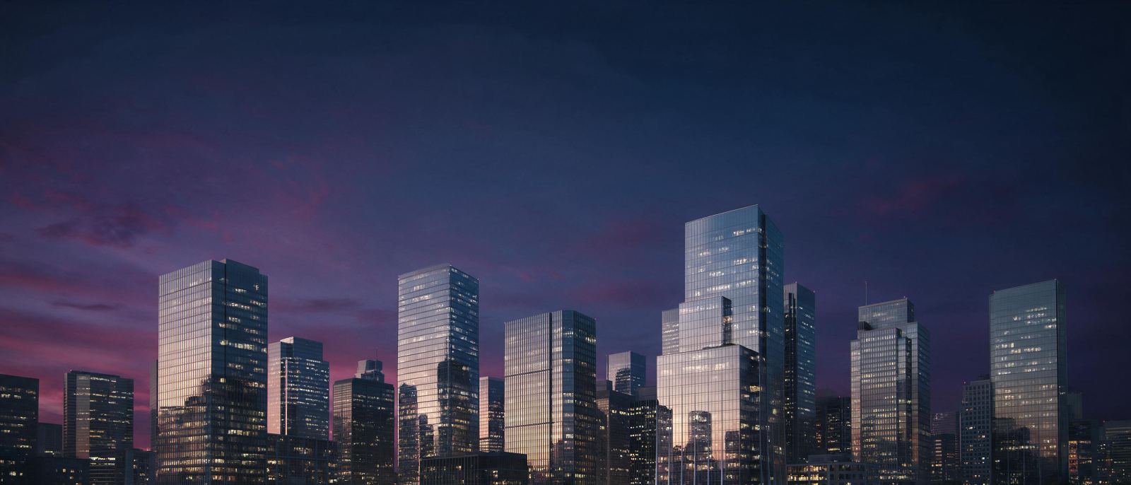 City skyline and office towers at dusk